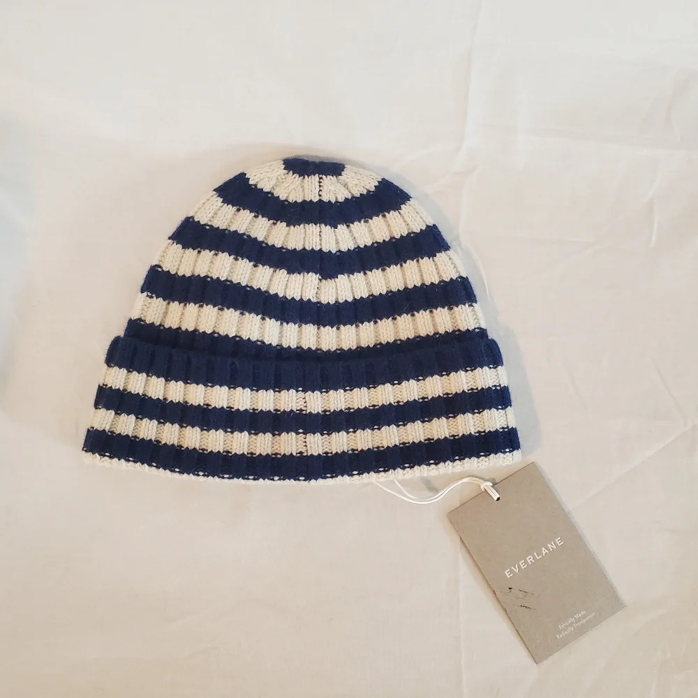 EVERLANE Unisex Navy Striped Recycled Cashmere Ribbed Knit Beanie One Size